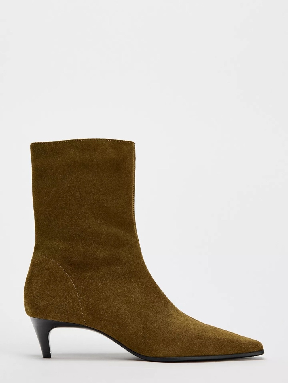 NWT! Zara, SPLIT LEATHER KITTEN HEELED ANKLE BOOTS, size 7.5, olive green